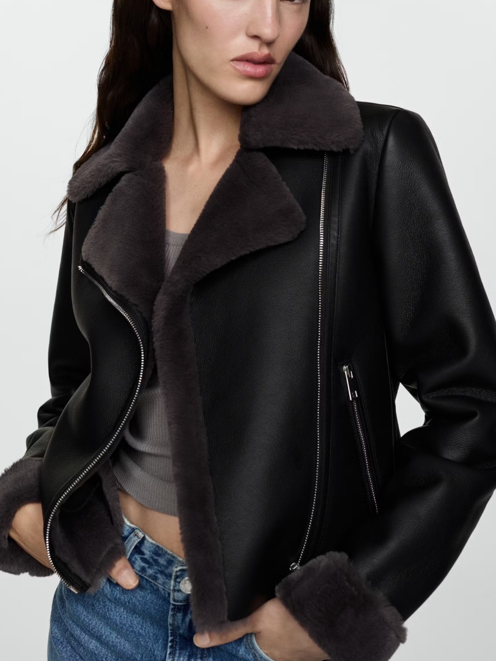 Mango Black Faux-Shearling Trim Biker Jacket DOUBLE-FACED FAUX-LEATHER JACKET